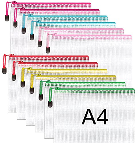 A4 Plastic Zip Wallets - 12PCS A4 Zip Lock Bags Plastic Document Folders Mesh Zipper File Bags Waterproof Travel Storage Pouch for School Office Supplies, Homework, Invoices, Puzzles & Cosmetics