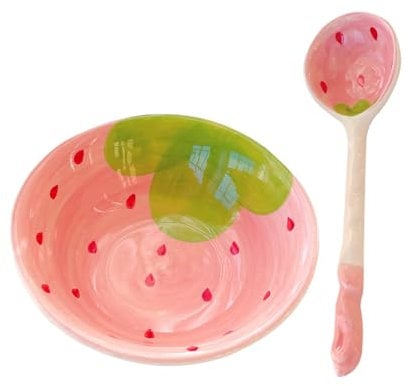 Healeved Cute Ceramic Strawberry Shaped Bowl and Spoon Set - Snack, Dessert, Small Serving, Cereal Bowl for Home Kitchen Tableware