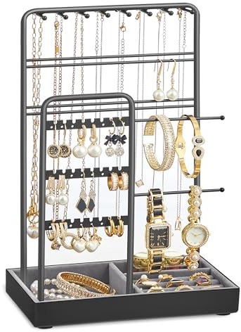 SONGMICS Schmuckständer, Schmuckhalter, Metallrahmen, Schmucktablett Samt, Schmuckaufbewahrung für Halsketten Armbänder Ohrringe Ohrstecker Ringe, Geschenkidee, schwarz JJS021B01