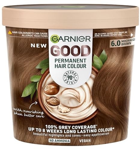Garnier GOOD Permanent Hair Dye, 6.0 Mochaccino Brown. Provides 100% grey coverage and 8-week colour. No ammonia, vegan shea butter formula for vibrant, lasting results on all hair types.
