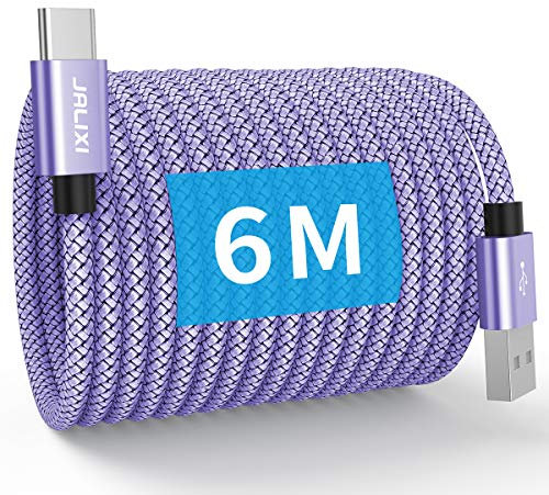 JALIXI USB C Cable 6M Fast Charging, Extra Long USB C Charger Cable Nylon for iPhone 15, Samsung Galaxy Tab A7 A8, S10 S23 S22 A55 A35 A25 A15, Purple