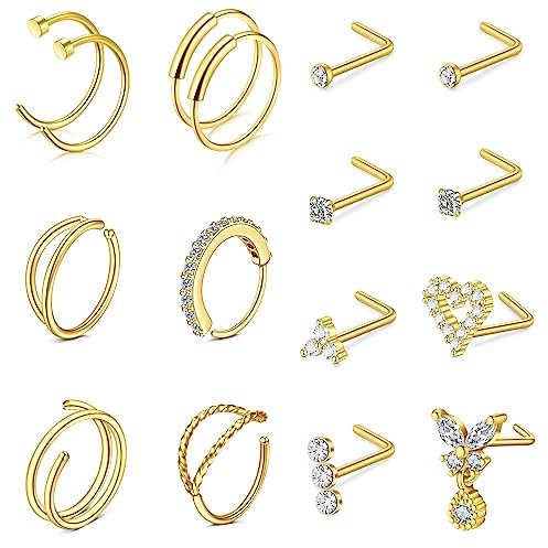 Rajnard 16PCS 316L Chirurgenstahl Nasenring Ohrstecker 20G 7mm Gold L-Form Nase Schraube Nase Hoop Ringe für Frauen Mädchen Edelstahl Nostril Piercing Schmuck