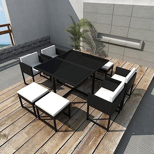 9-teiliges Outdoor-Essgruppe mit Kissen, Polyrattan, Schwarz, Artikelfarbe: Schwarz