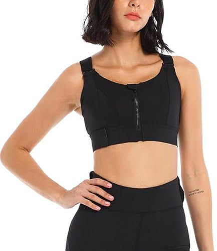 MUGUOY Adjustable Super Supportive Sport Bra, Zip Front High Impact Sports Lifting Bra, Workout Fitness Push Up Seamless Tank Tops (XL, Black)