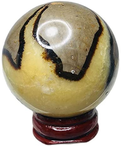 Piedra de Cristal Natural Bola de piedra septaria de dragón natural Esfera de cristal Bola de cuarzo con base de madera, Esfera de adivinación Bola decorativa Esfera de cristales for Feng Shui,2.4 (