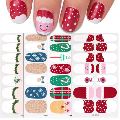 4Feuilles Vernis Autocollant Ongle Noël Sticker Ongle Auto-adhésif Couverture Complète Motif Père Noël Nail Art Manucure Décoration pour Femme Fille (A)