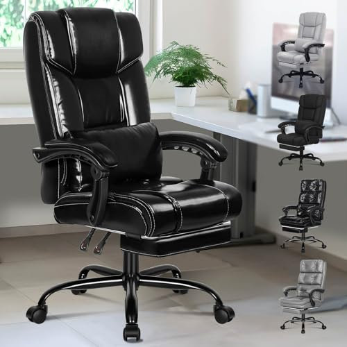 ELFORDSON Office Chair with XL Lumbar Cushion, Computer Desk Chair with Footrest, High Back 150° Recliner Tilting Function PU Leather, Glossy Black