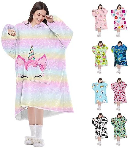 Oplnysw Übergroße Sherpa tragbare Hoodie Decke, Einhorn, Einheitsgröße 6XL, Unisex, Indoor, Wearable-Blanket