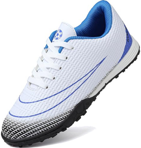 Lvptsh Boys Girls Football Boots Kids Athletic Soccer Cleats Shoes Indoor Outdoor Spikes Football Competition Shoes Boy's SneakersWhiteBlue,EU37