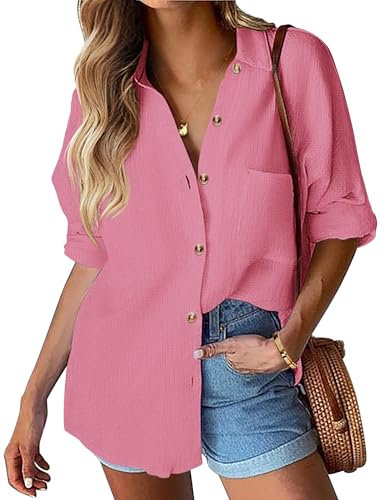 Hotouch Chemisier Femme Blanc Chemise à Manches Longues Loisirs avec Col Boutonné et Patte De Boutonnage Rose XL