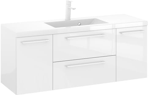 Furni Rosen 120 cm Hängend Waschbecken mit Unterschrank und Eleganten Weißen Griffen Waschbeckenunterschrank Badezimmer Waschtisch mit Unterschrank Waschtischunterschrank