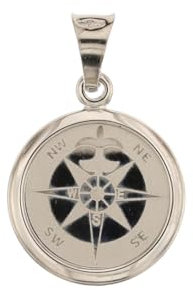 Ciondolo in oro bianco 18 kt pendente rosa dei venti piccola portafortuna gioiello uomo in oro bianco inciso lucido e satinato diametro 1,50 cm