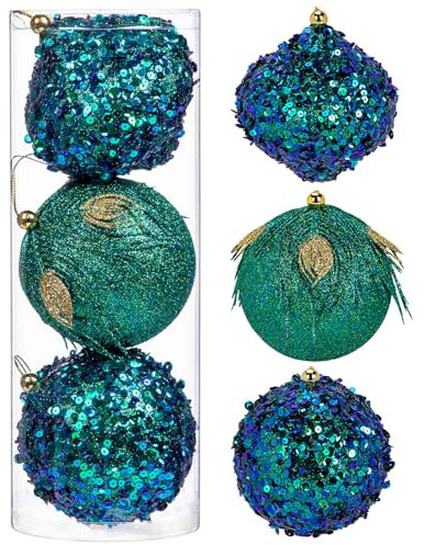 3er-Set 10cm Dekorative Weihnachtsbaumkugeln, Weihnachtskugel-Ornament mit Holografischem Glitzer Christbaumschmuck zarten Dekorationen für Weihnachtsbaum, Weihnachtshochzeitsfeier, Blauer Pfau