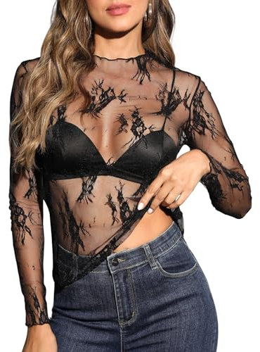 Xnova Hauts en Voile Transparents Femme Elastique, Dentelle T-Shirts Résille Clubwear, Tee Shirt Blouse Top Sheer Mesh (Noir C, M)