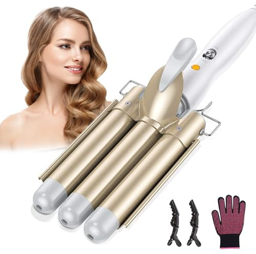 Bizcasa 22mm Rizador de Pelo,Rizador de 3 Tubos Rizador Rápido, Iron Wave Curler Ajustable 180℃/210℃ para Rizar y Ondas un Efecto Ondulado, Turmalina y Cerámica,con 2 clips y un guante (Blanco)