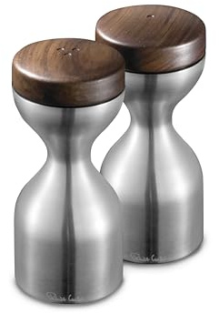 Robert Welch Limbrey Satin Salt & Pepper Mills Set. Made from 18/10 Stainless Steel, Walnut Top. 10 Year Guarantee.