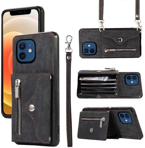 Asuwish Handyhülle für iPhone 12 Mini Hülle mit Band Kartenfach Klappbar Geldbörse Ständer Handyhüllen Cover Leder Vintage i-Phone i 12mini Mini-hülle Handy Hüllen Schutzhülle Damen Phone Case Schwarz