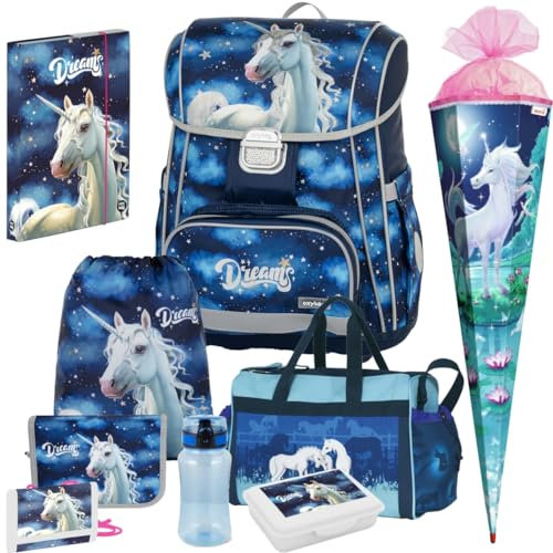 Einhorn Girls Dream - Unicorn -Pferd- OB PREMIUM Schulranzen-Set 9tlg. mit Sporttasche, Schultüte, Brustbeutel, Brotdose und Trinkflasche - Heftbox A4 Gratis