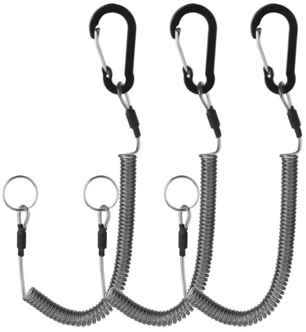 Dimeho 3Pcs Coiled Lanyard Heavy Duty Fishing Lanyard Safety Retractable Fishing Tool Ropes Leash Fishing Rod Tether Accessories with Aluminium Alloy Clip for Pliers Boating Kayak (Black)