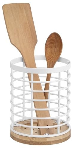 QIWODE Soporte para Utensilios de Cocina, Cesto redondo para cubiertos, organizador de utensilios de cocina para cucharas, espátulas, cuchillos y tenedores, metal y bambúl, blanco