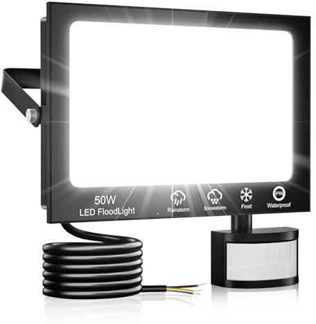 50W Pir Floodlight Outdoor, Motion Sensor Security Light, 6500K LED Floodlights with PIR Sensor, IP66 Waterproof Pir Lights Outdoor with Remote Control for Garden, Backyard, Garage, Doorways