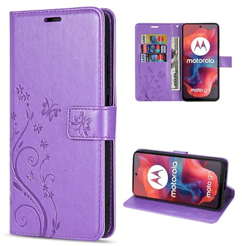 betterfon Hülle Kompatibel mit Motorola Moto G04 | Premium PU Leder Handyhülle Wallet Case für Moto G04 | Schutzhülle Blumen Klapphülle Handyhülle | Lila