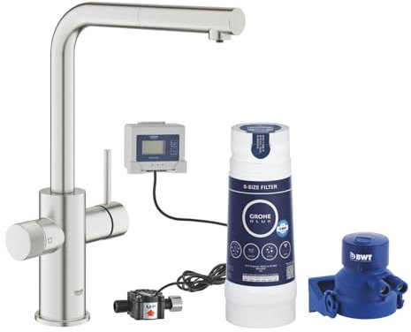 Grohe Blue Pure Minta rubinetto per lavello cucina, doccetta estraibile,con filtro 5 fasi taglia S e contalitri, cromo spazzolato (satinato)