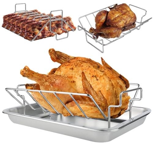 KEESHA 304 Stainless Steel V Rack for Roasting Turkey and Rib, 12.5''x11''x5'' Multi-use BBQ Rib Rack for Big Green Egg and Kamado Joe, with 16'' x12'' Stainless Steel Roasting Pan