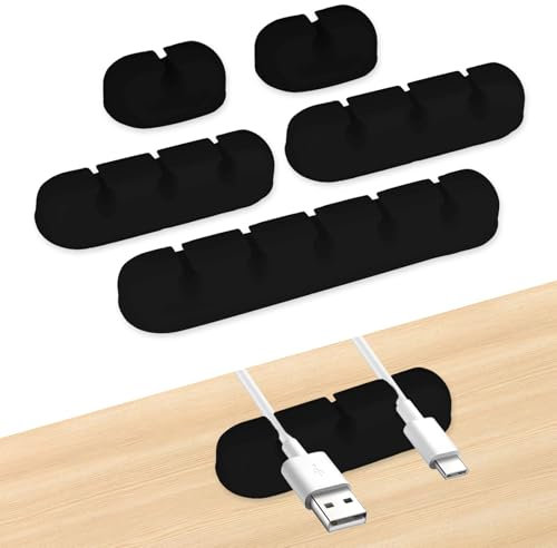Bewudy 5 Pack Cable Holder Clips, 3 Models Multi-Hole Phone Charger Holders for Cords, Adhesive Desktop Cable Organizer for Desk Table Accessories Office Save Spaces(Black)