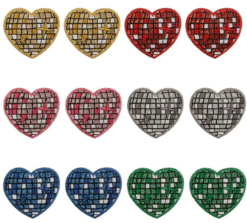 12PCS Disco Ball Heart Iron on Patches for Backpacks, Music Party Embellishments Patches, Heart Embroidered Sew on Patch Applique for Jeans, Hat, T-Shirts(6 Colors)