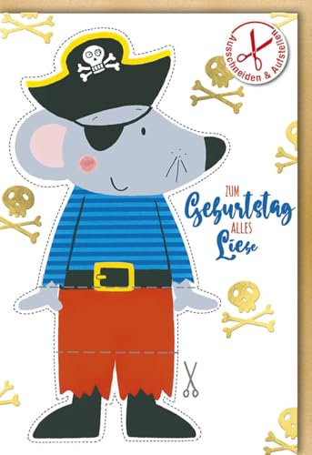 Verlag Dominique Geburtstagskarte Glückwunschkarte Geburtstag mit Piratenmotiv Maus in Piratenkostüm Totenköpfe und Knochen zum Ausschneiden und Aufstellen für Kinder mit Umschlag
