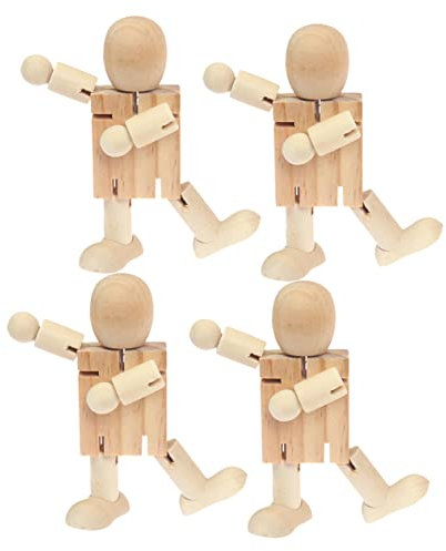 NUOBESTY 4 Stück Roboter aus Holz kinder unbemalte Steckpuppenverzierung Desktop- Holzroboter Dekorative Holzornamente spielzeug Wohndekoration gelenkig verstellbare Holzfiguren