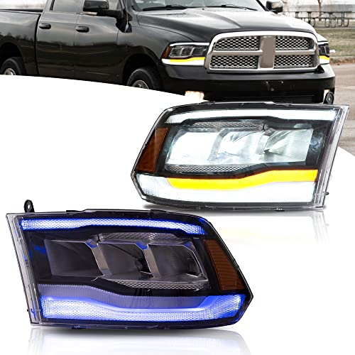 VLAND Phare full LED pour RAM 1500 2500 3500 2009-2018 & RAM 1500 Classic 2019-2021, DRL avec affichage dynamique, côté conducteur et passager - Réflecteur ambré