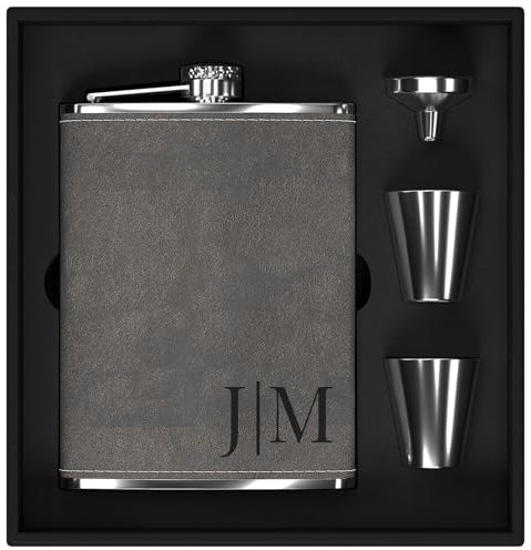 Flachmann Gravur mit Initialen nach Maß, Flachmann Edelstahl 8oz/237ml Personalisiert, Personalisierte Geburtstagsgeschenke für Männer Ihn Papa Camper Wanderer (Grau)