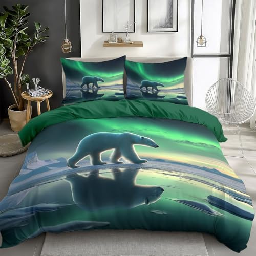 CozyRest Bettbezug Eisbär Romantik Nordlichter Thema 100 x 135 cm Wendebettwäsche aus Mikrofaser für Kind Paar, Waldgrün Deckenbezug, Mit 1x40x60 cm Kissenbezug und Reißverschluss
