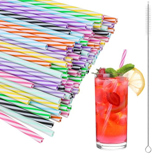 100 Pcs Plastic Straws Reusable, Drinking Straws Plastic, Cocktail Straws, Reusable Hard Straws, with 1 Pcs Cleaning Brush, for Home Bar Cafe Restaurant Barbecue Party Celebration