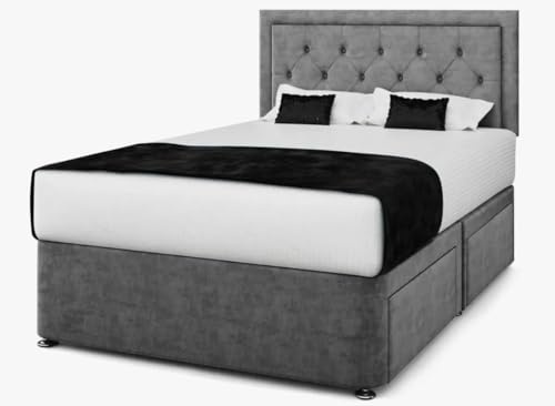 DBS Rio Chesterfield Divan Bed + Memory Sprung Mattress + 24” Headboard (Grey, Double, No Drawers)