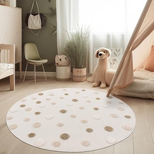 Paco Home Kinderzimmer Moderner Kinderteppich Robuster Spielteppich 3D-Effekt Naturtöne Weiche Schlingenstruktur Pflegeleichtes Punkte-Motiv Creme, Grösse:120 cm Rund