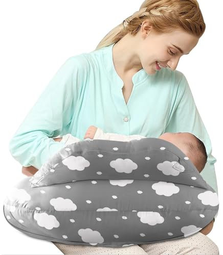 SHANNA Nursing Pillow Bottle Feeding Breastfeeding Pillow, Multifunctional Nursing Pillow with 100% Cotton Romvable Washable Cover Adjustable Waist Strap Support, Gifts for Pregnancy(Grey Clouds)