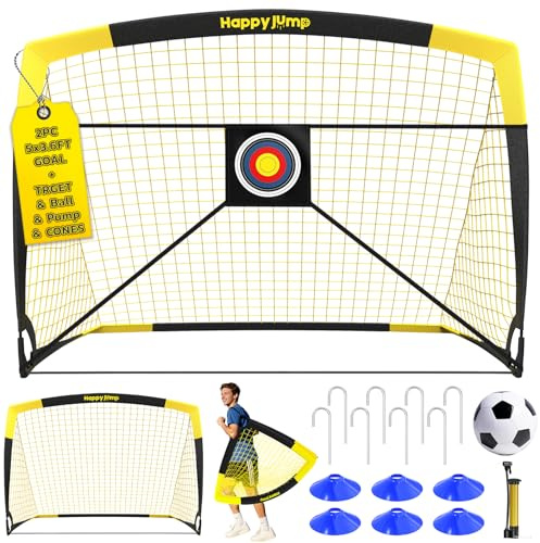 Happy Jump Set of 2 Portable Pop Up Football Goals 5x3.6FT – with Target Sheet, Ball, Pump & Cones | Weatherproof Football Nets for Garden & Outdoor Training