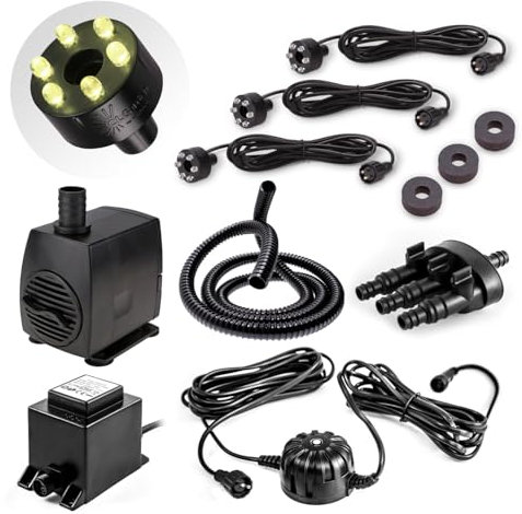 CLGarden Springbrunnenpumpe SP3-SL Set mit 3 warmweißen LED-Ringen und automatischer Lichtsteuerung, leise Tauchpumpe 1300l/h für Gartenbrunnen, Quellsteine, Zierbrunnen