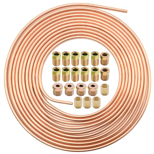 MospdyGear Brake Pipe Copper Coated Tubing 32.8Ft. of 3/16, Automotive Replacement Brake Lines Kit, with 16 Nuts Fittings and 4 PCS Pipe Fittings Assortment