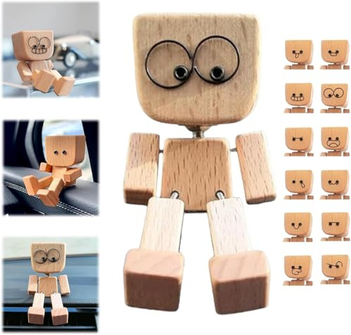 wackelnder holzmann, wackelfigur Auto, schüttelmann aus Holz, charmante kleine holzfigur, handgefertigtes Holz-Wackel-Auto-Ornament,Decor mit magnetischen Gesichtsausdrünncke Ausdrücke (12 Emoticons)