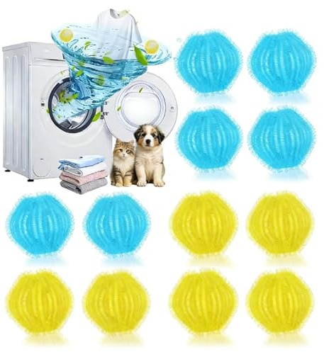 12 Stücke Tierhaarentferner Waschmaschine - Fusselball für Waschmaschine, Entfernt Tierhaare, Fusseln, Flusen, Wiederverwendbar Fusselbälle, für die Wäschepflege zubehörr, Blau, gelblich-weiß
