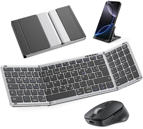 OMOTON Tastiera e mouse pieghevoli senza fili con tastierino numerico, tastiera Bluetooth con mouse QWERTZ ricaricabile, dimensioni integrali, tastiera pieghevole con 3 canali per iOS/Android/Windows