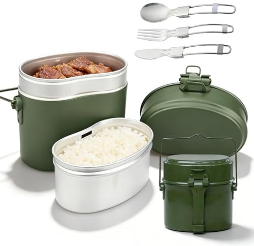 Bundeswehr - Set di stoviglie da campeggio, 1,8 l, resistenti al calore, in alluminio, con coltello pieghevole, forchetta e cucchiaio, per escursioni e campeggio