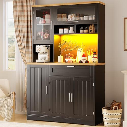Yihomfy Buffet de Cuisine, Vitrine, Meuble de Rangement avec Porte en Verre étagères réglables, Buffet Haut pour Cuisine, Salon et Salles à Manger, 104x40x180cm (Noir, 104x40x180 cm)