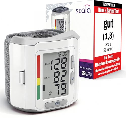 scala SC 6400 silber Handgelenk Blutdruckmessgerät – Präziser Blutdruckmesser mit WHO-Indikator & 85 Speicherplätzen – Fuzzy Logic Technologie – Inkl. Box & Batterien – Manschette 13,5-19,5 cm