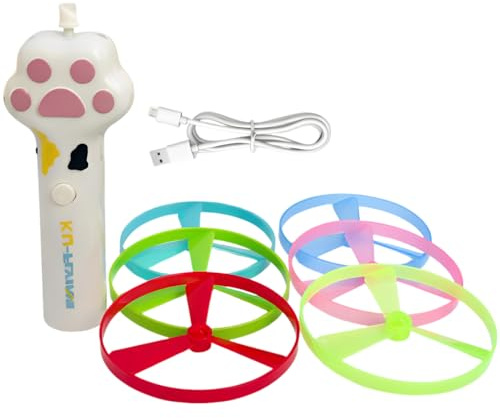 Tressify 6 Pcs Electric Glow Flying Saucer Stick Toy for Cats, UFO Discs with LED Lights, USB Rechargeable Launcher, Interactive Hunting Teaser Wand, Automatic Cat Fetch Toy