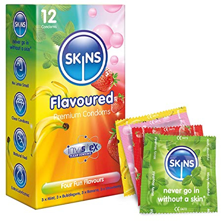 Premium Skins Mixed Flavoured Condoms for Oral and Intercourse - Ultra Thin Flavoured Condoms for Oral, Extra Flavoured Lube for Extra Pleasure - Pack of 12